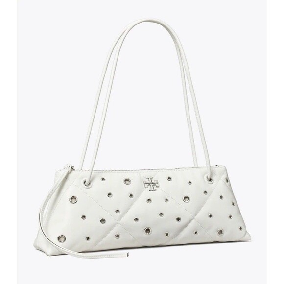 Tory Burch Kira Diamond Quilt Grommet East West Shoulder Bag NEW White Leather - Picture 1 of 8